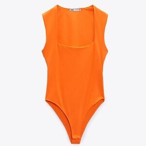 Zara square neckline orange bodysuit